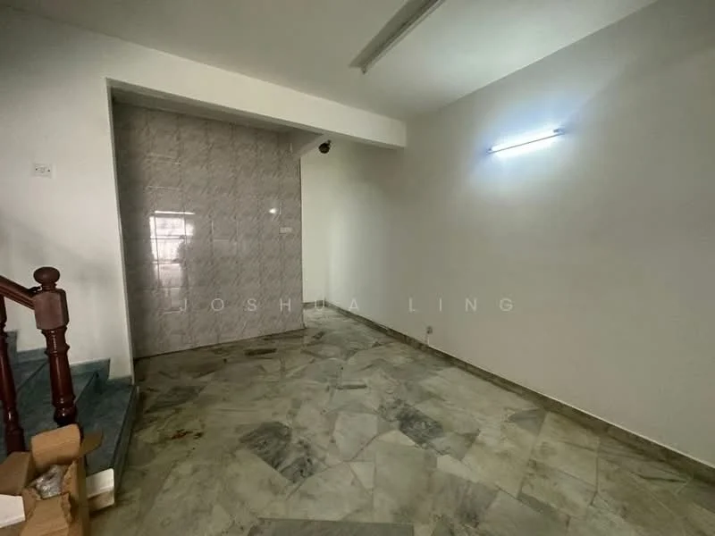 Room features: marble flooring, white painted walls, recessed lighting, staircase with wooden railing, large wall with tile cladding, window with natural light, no visible furniture or decor; style: modern.