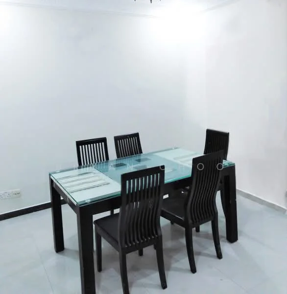 Dining features: glass-top dining table, black wooden dining chairs, white walls, tile flooring, ceiling light fixture; style: modern.