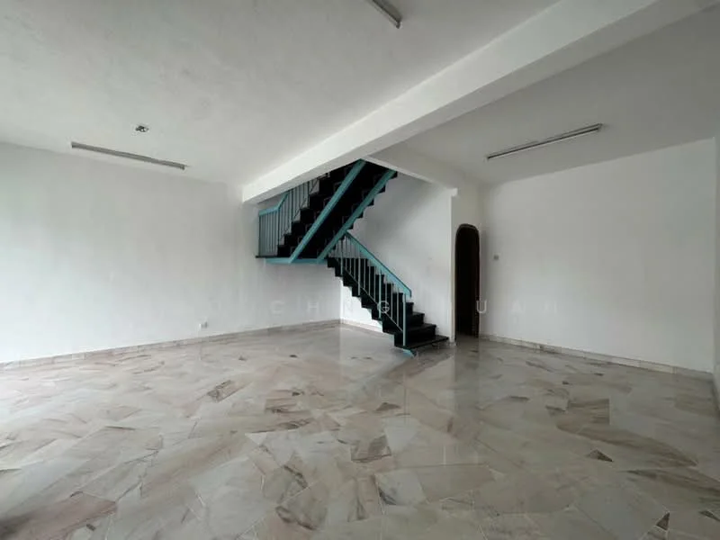 Room features: white painted walls, marble flooring, exposed ceiling, staircase with blue railing, recessed lighting, large open space, no visible furniture, natural light from windows; style: minimalist.