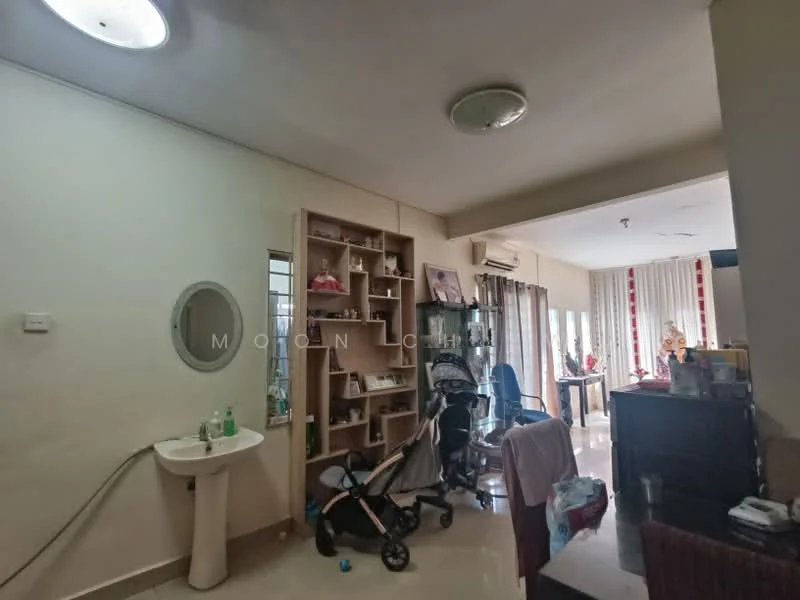Room features: white painted walls, glossy tile flooring, ceiling lights, built-in shelving unit, mirror, stroller, office chair, window with sheer curtains, air conditioning unit, decorative items on shelves, furniture in the background; style: modern.