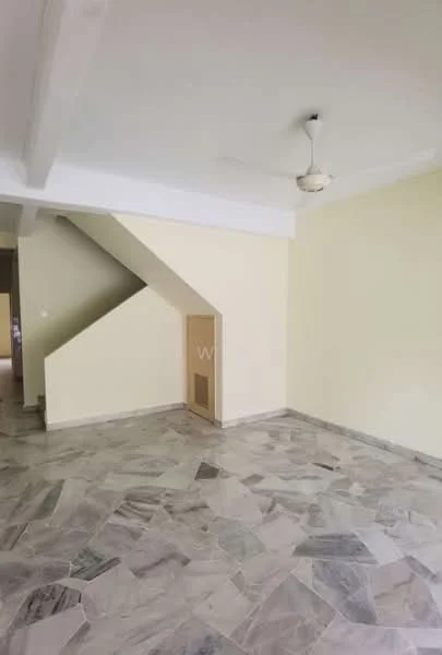Room features: marble flooring, white painted walls, ceiling fan, staircase, recessed lighting, open layout, large windows, neutral color scheme; style: modern.