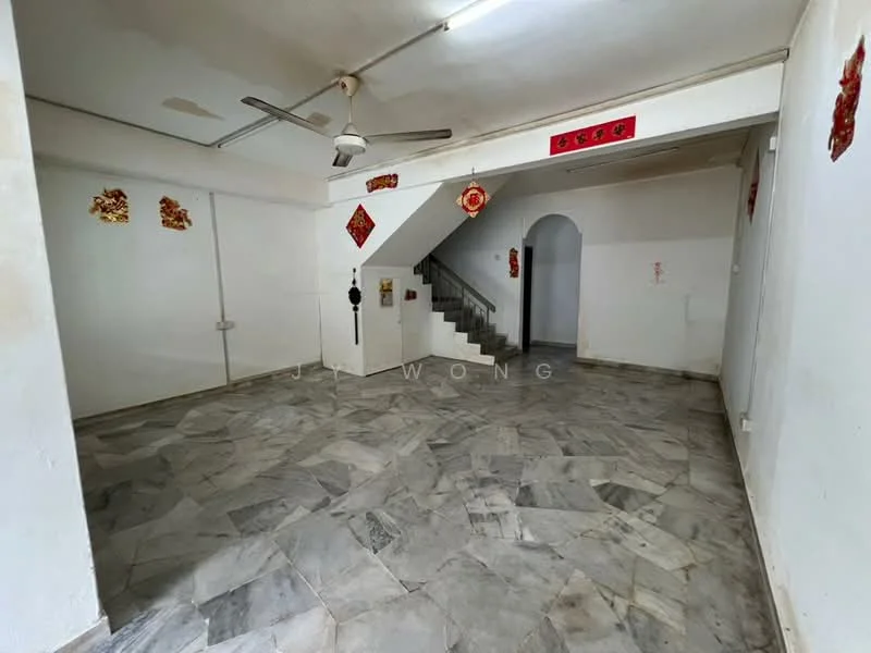 Room features: marble flooring, white painted walls, ceiling fan, staircase, arched doorway, decorative wall hangings, light fixture, no visible furniture.