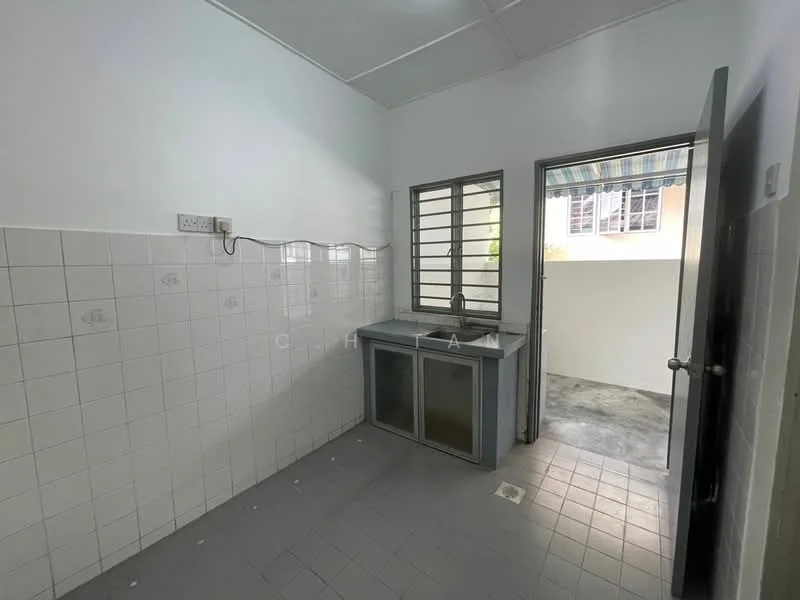 Laundry features: white tiled walls, grey tiled flooring, single-basin sink, metal cabinet with glass doors, window with metal grille, door leading to outdoor area.