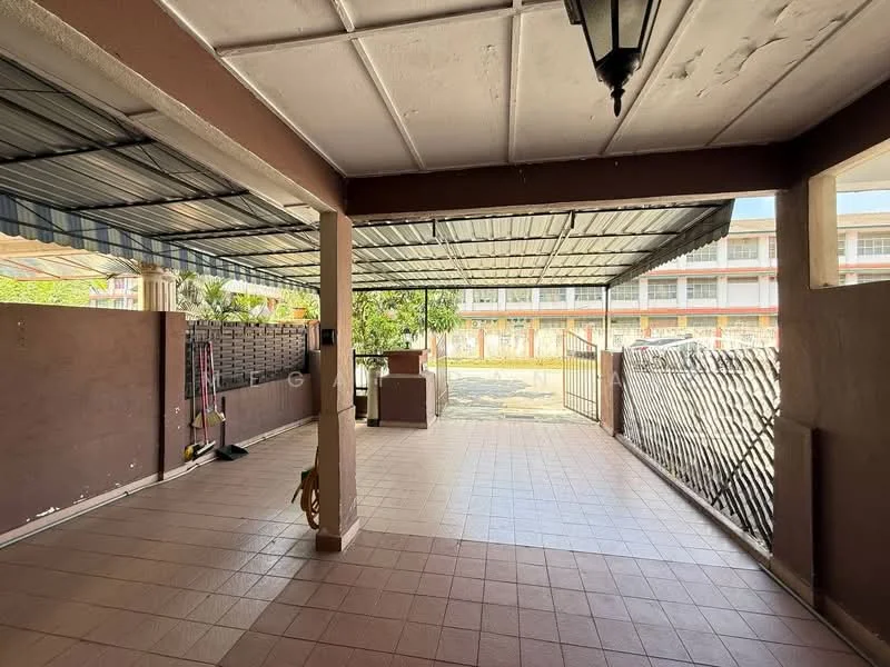 Exterior features: covered patio area, tiled flooring, metal roof, fenced perimeter, outdoor lighting fixture, open space, garden view, concrete walls, shaded area with awning; style: modern.