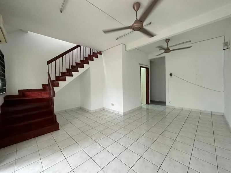Room features: white painted walls, ceramic tile flooring, 2 ceiling fans, staircase with wooden railing, open layout, windows for natural light, light switches on wall, doorway leading to another room; style: modern.
