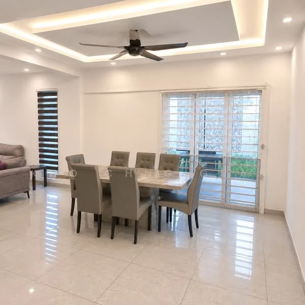 Dining features: 6-seater dining table, upholstered dining chairs, marble dining table top, recessed ceiling with LED lighting, 5-blade ceiling fan with light, large sliding glass door, white painted walls, glossy tile flooring; style: modern; view: garden. Living features: 3-seater fabric sofa in grey, decorative cushions, side table, window with horizontal blinds; style: modern.