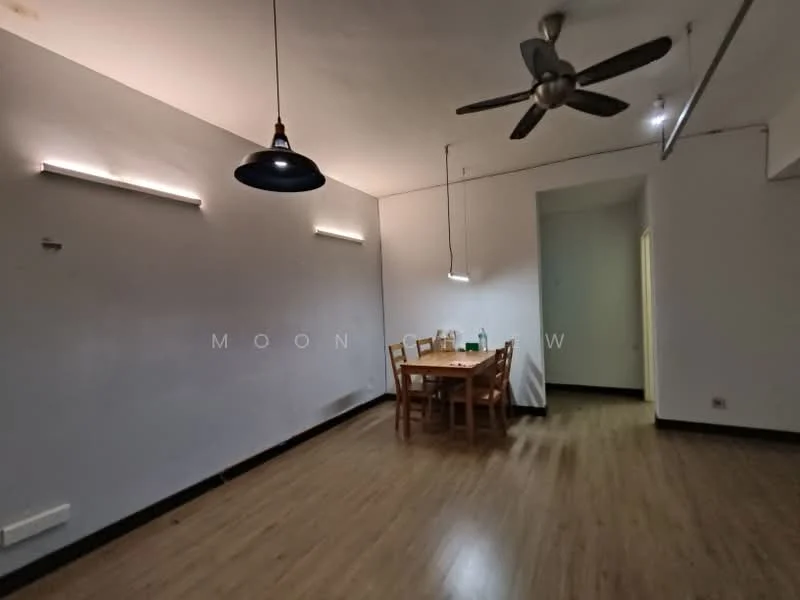 Dining features: wooden flooring, white painted walls, 5-blade ceiling fan with light, hanging pendant light, dining table with chairs, wall-mounted light fixtures, doorway leading to another room, open space layout; style: modern.
