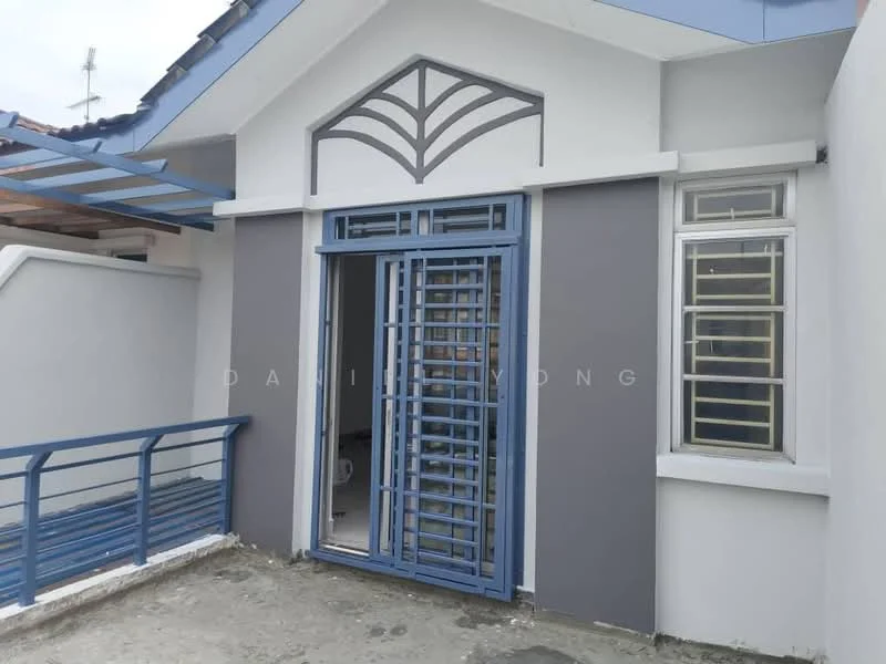 Exterior features: blue painted facade, white painted walls, metal railing, sliding glass door, decorative window design, flat roof, exterior wall with grey accent, covered porch area; style: modern.