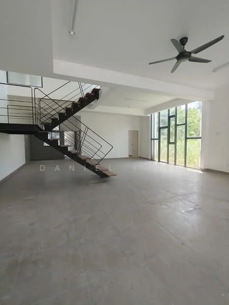 Room features: exposed concrete flooring, white painted walls, large floor-to-ceiling windows, metal staircase with wooden treads, ceiling fan, open layout, natural light, minimalist design; style: modern; view: garden.