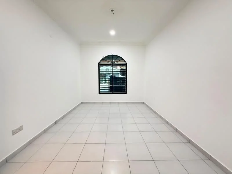 Room features: white painted walls, tile flooring, arched window, black window grille, ceiling light, no visible furniture, empty space, neutral color scheme; style: minimalist.