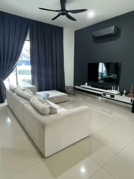 Living features: 3-seater fabric sofa in light beige, floor-to-ceiling windows with sheer curtains, black accent wall, wall-mounted TV, white TV console, ceiling fan, polished tile flooring, decorative items on TV console; style: modern.