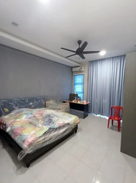 Bedroom features: king-size bed with colorful bedding, upholstered headboard, 2 bedside tables, ceiling fan with light, wall-mounted air conditioning unit, window with sheer curtains, white painted walls, glossy tile flooring, red plastic chair, study desk, decorative items on desk; style: modern.