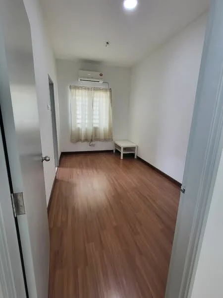Room features: light wood laminate flooring, white painted walls, 1 wall-mounted split AC, large window with sheer curtains, ceiling light fixture, small white table, door leading to another room; style: modern.