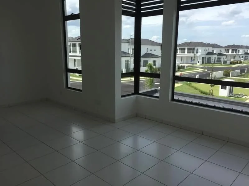 Room features: white painted walls, white tiled flooring, floor-to-ceiling windows, multiple windows, natural light, corner window, view of residential area, window treatments not visible; style: modern; view: garden.