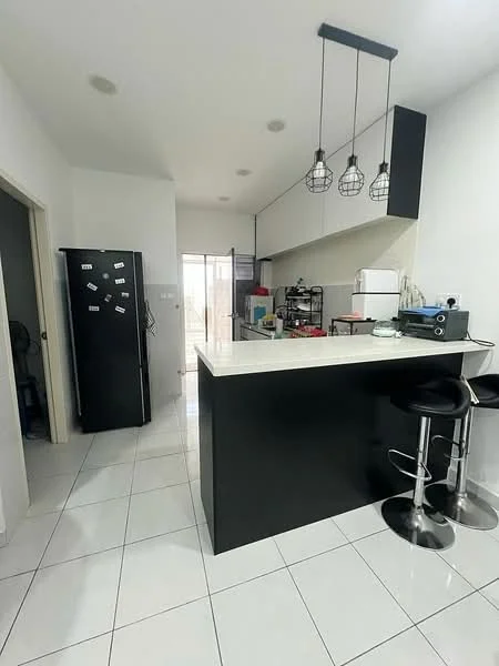 Kitchen features: black cabinetry, white countertop, stainless-steel appliances, black fridge, built-in microwave, kitchen island with seating, pendant lighting, ceramic tile flooring, white walls, open layout, window for natural light, shelves for storage; style: modern.