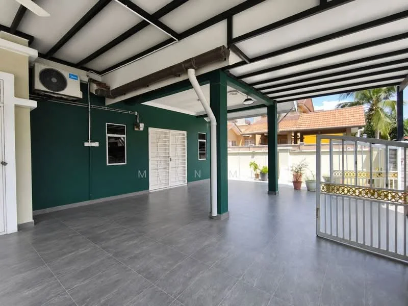 Room features: grey tiled flooring, green painted walls, exposed beam ceiling, wall-mounted split AC, multiple windows, double door with white frame, security grille, outdoor view, ceiling lights; style: modern; view: garden.