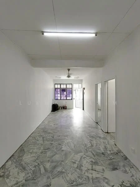 Room features: white painted walls, marble flooring, ceiling fan, large windows, doorway leading to another room, doorway leading outside, neutral color scheme, fluorescent ceiling lights; style: minimalist.