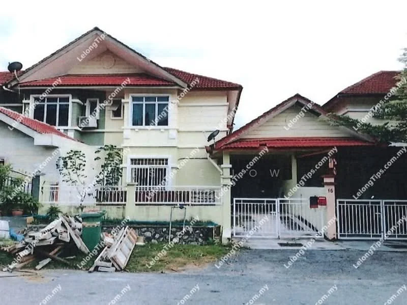 Exterior type: semi-detached house; features: cream painted facade, red pitched tile roof, white metal gate, front porch with railing, two air conditioning units visible, manicured lawn, driveway with gravel surface, surrounded by greenery; style: modern.