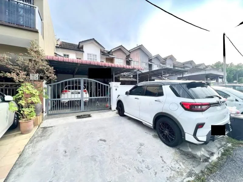 Exterior type: linked terrace house; features: two-storey linked terrace, grey painted facade, gated entrance, car porch with space for two vehicles, manicured plants at entrance, paved driveway, roof overhang, multiple windows on upper floor, front garden area; style: modern.