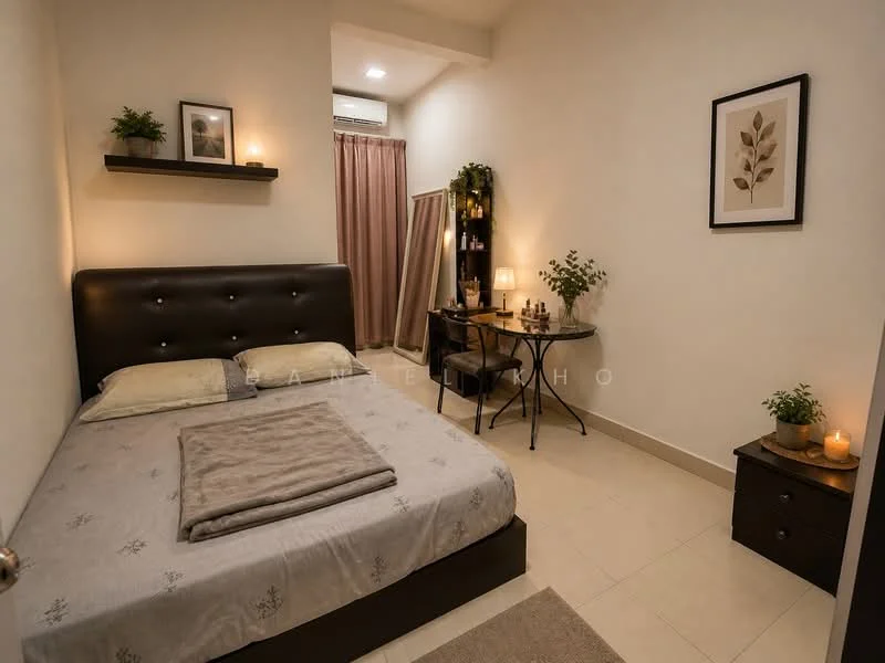 Bedroom features: queen-size bed with upholstered headboard, light grey bedding, decorative throw blanket, 2 bedside tables, table lamp on bedside table, small round dining table, 2 chairs, wall-mounted shelf, framed artwork on wall, curtains, potted plants, wall-mounted air conditioning unit, cream painted walls, tile flooring; style: modern.