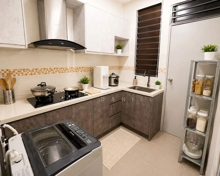 Kitchen features: grey cabinetry, white countertop, stainless-steel sink, chrome pull-down faucet, 4-burner gas hob, built-in oven, microwave, washing machine, tile backsplash with mosaic pattern, refrigerator, open shelving, decorative plants, window with horizontal slats; style: modern.