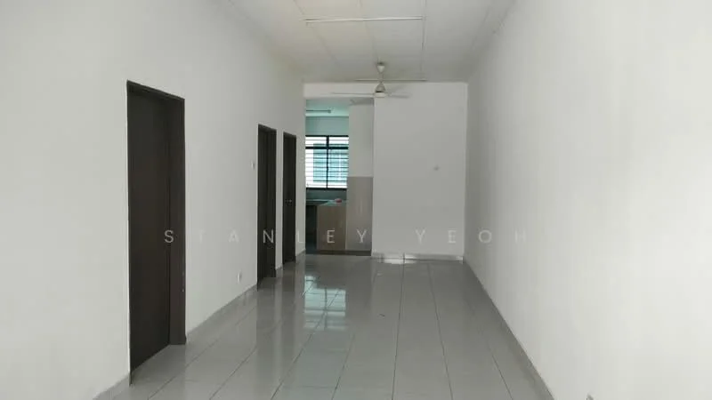Room features: white painted walls, glossy tile flooring, ceiling with fluorescent lights, 2 wooden doors, 1 ceiling fan, window with blinds, open layout, neutral color scheme; style: modern.