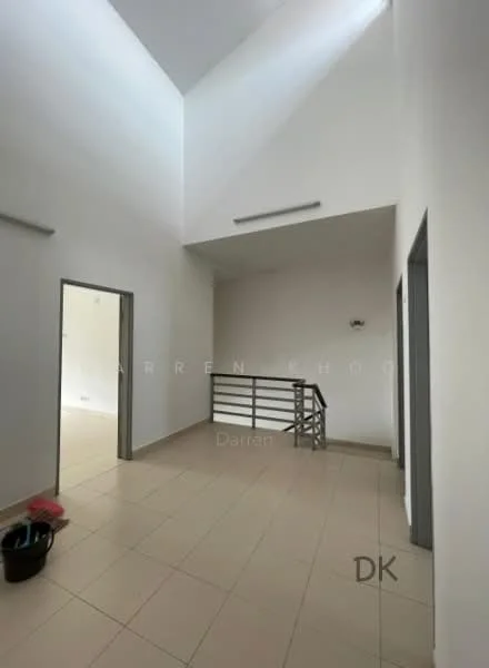 Room features: white painted walls, high ceiling, tile flooring, metal railing, door frames, natural light from windows, minimalist design, neutral color palette; style: modern.