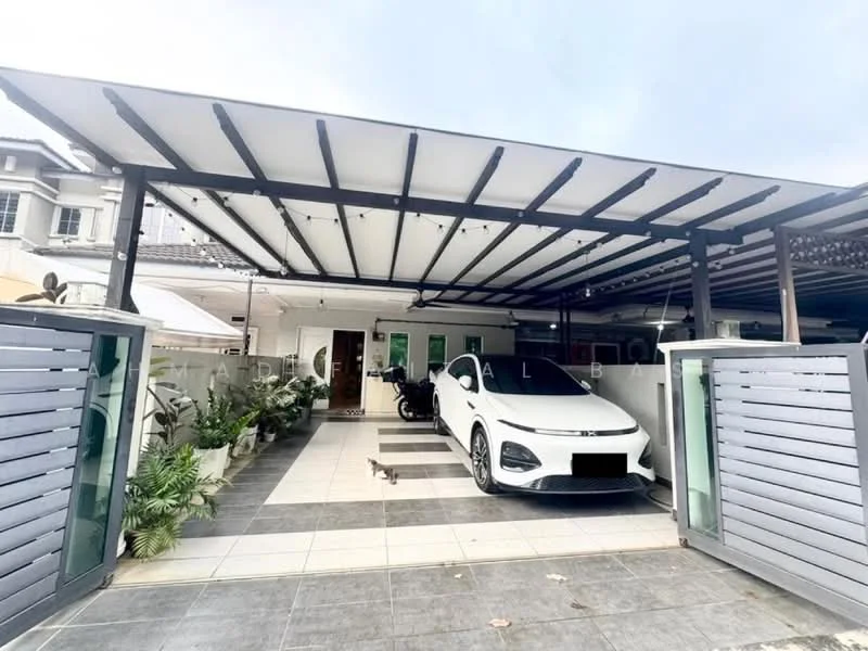 Exterior type: linked terrace house; features: car porch with awning, white electric vehicle, paved driveway, landscaped garden with plants, grey tiled flooring, perimeter fencing, double-gate entrance, covered parking area; style: modern.