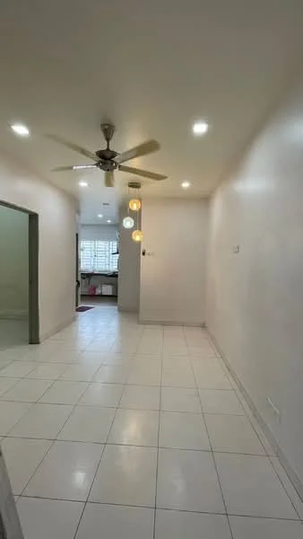 Room features: white painted walls, glossy white tile flooring, 5-blade ceiling fan with light, recessed LED downlights, pendant light fixture, large windows, open layout, no visible furniture; style: modern.