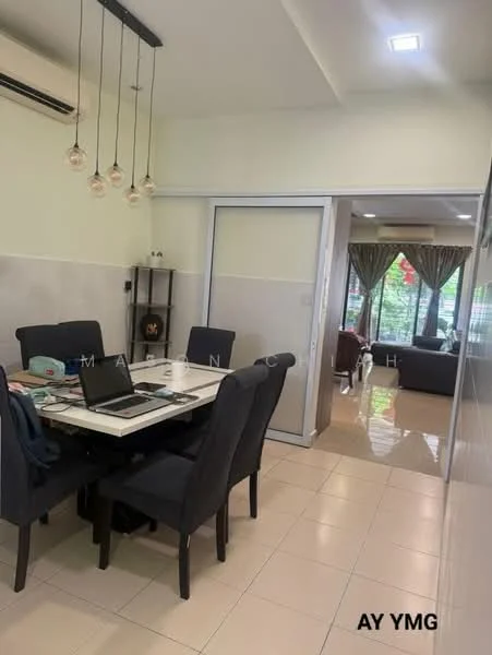 Dining features: dining table with 6 chairs, pendant lighting above table, wall-mounted air conditioning unit, cream painted walls, glossy tile flooring, open layout to living area, window with sheer curtains, decorative wall shelf; style: modern. Living features: sofa set, coffee table, floor-to-ceiling windows, curtains, area rug; style: modern; view: garden.
