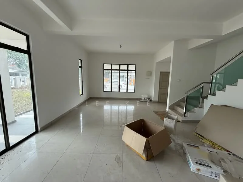 Living features: white painted walls, marble tile flooring, large windows, sliding glass door, open layout, high ceiling, staircase with glass railing, natural light, unfurnished, box in the center, cardboard boxes on the floor; style: modern; view: garden.