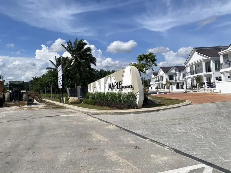 Exterior type: linked terrace house; features: modern entrance sign, landscaped greenery, paved driveway, surrounding palm trees, white painted facade of houses, blue sky with clouds; style: modern.