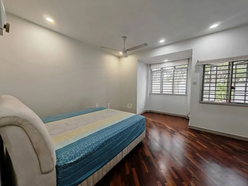 Bedroom features: wooden flooring, white painted walls, ceiling fan, recessed LED downlights, single bed, window with grille, curtains, built-in wardrobe; style: modern; view: garden.