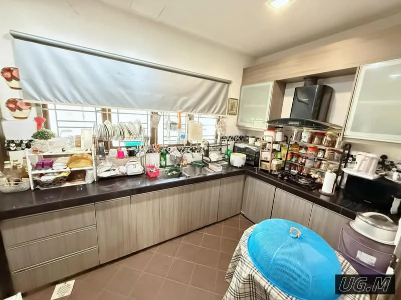 Kitchen features: L-shaped kitchen layout, dark granite countertop, wood cabinetry with laminate finish, stainless-steel sink, chrome pull-down faucet, built-in gas stove, exhaust hood, microwave, rice cooker, multiple storage shelves, various kitchen appliances, tile backsplash, window with blinds, ceramic tile flooring; style: modern.