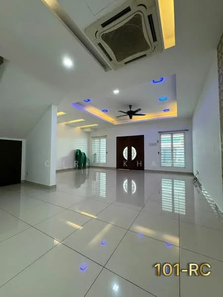 Living features: white painted walls, polished ceramic tile flooring, tray ceiling with recessed lighting, 5-blade ceiling fan with light, floor-to-ceiling windows, roller blinds, air conditioning unit, decorative LED strip lighting, double-door main entrance, light fixtures with blue accent lighting; style: modern.