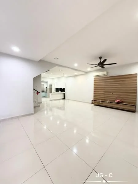Living features: white painted walls, polished ceramic tile flooring, 5-blade ceiling fan, recessed downlights, wall-mounted TV console, open layout, air conditioning unit, staircase visible in background; style: modern.
