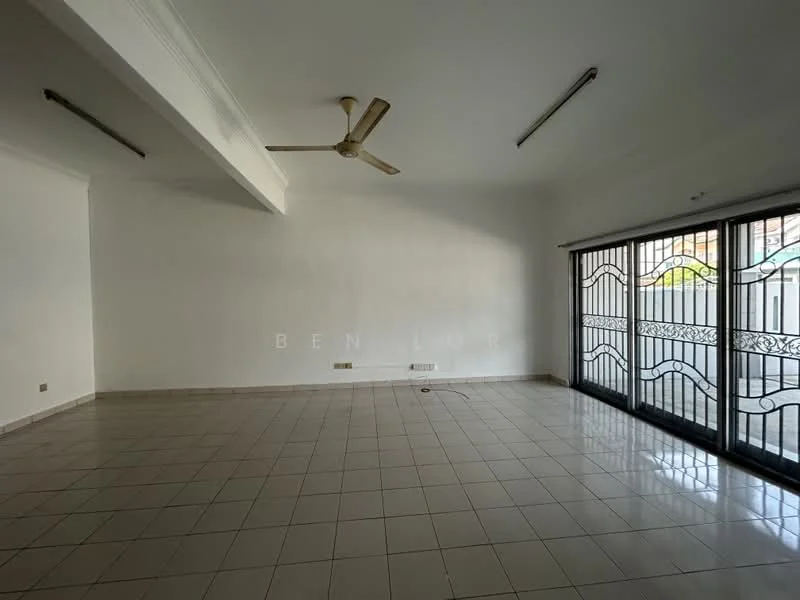 Living features: white painted walls, tile flooring, 5-blade ceiling fan, sliding glass door, floor-to-ceiling windows, natural light from windows, no visible furniture, neutral color scheme.