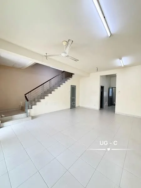 Room features: white painted walls, tile flooring, ceiling fan, staircase with metal railing, recessed lighting, large open space, doorway leading to another room, doorway leading to staircase; style: modern.