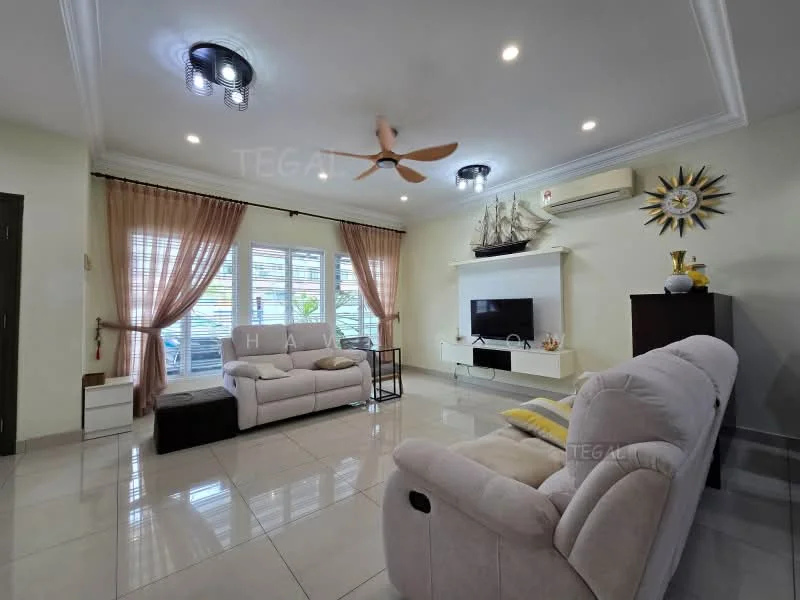 Living features: 3-seater fabric sofa in cream, 2-seater fabric sofa in cream, ceiling fan with 5 blades, recessed LED downlights, wall-mounted TV, white TV console, decorative ship model on wall, curtains in beige, tile flooring in light grey, air conditioning unit on wall, large windows with sheer curtains; style: modern; view: garden.