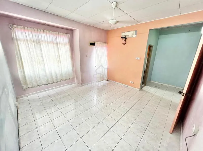 Room features: white tiled flooring, light purple painted walls, light pink painted accent wall, floor-to-ceiling windows with sheer curtains, ceiling fan, air conditioning unit, plain ceiling, no visible furniture; style: minimalist.