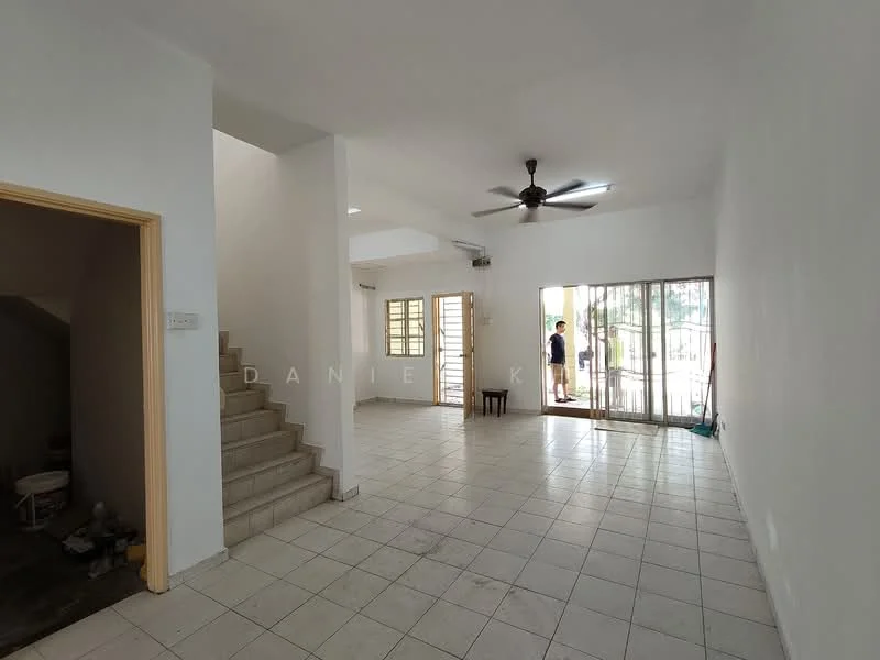 Living features: white painted walls, tile flooring, 5-blade ceiling fan, sliding glass door, floor-to-ceiling windows, natural light, staircase leading to upper floor, open layout, access to outdoor space; style: modern; view: garden. Room features: white painted walls, tile flooring, staircase, doorway leading to another room.