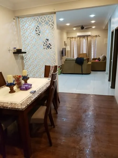 Dining features: wooden dining table with marble top, 6 dining chairs, decorative candles, wall-mounted shelf, decorative wall panel, laminate flooring, recessed downlights; style: modern. Living features: 3-seater fabric sofa, throw blanket on sofa, curtains, coffee table, TV console, laminate flooring, ceiling fan; style: modern.