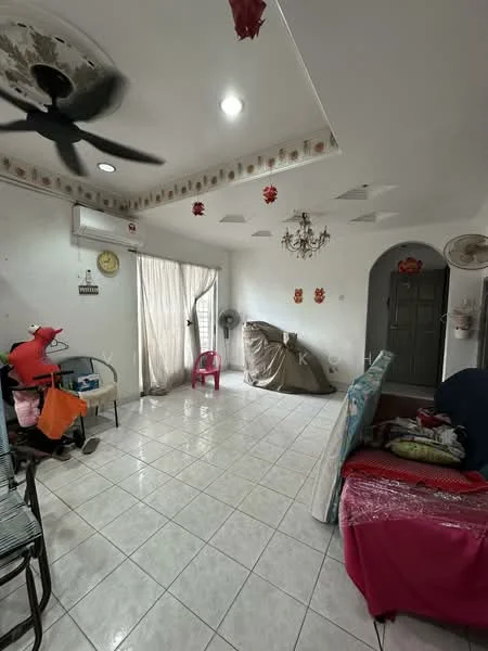 Living features: white painted walls, glossy tile flooring, 5-blade ceiling fan with light, chandelier, floor-to-ceiling window with sheer curtains, sliding glass door, decorative ceiling with recessed lighting, air conditioning unit, folding table, plastic chair, sofa with colorful upholstery, decorative items on walls; style: modern.