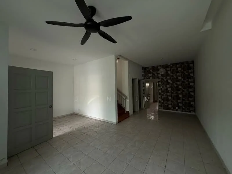 Living features: white painted walls, tile flooring, 5-blade ceiling fan, staircase visible, decorative wallpaper on one wall, large windows, doorway leading to another room, neutral color scheme; style: modern.