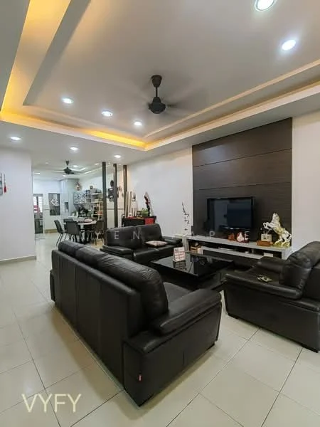 Living features: black leather sectional sofa, 2-seater black leather sofa, coffee table, wall-mounted TV, TV console, recessed downlights, ceiling fan, tray ceiling with LED lighting, cream tiled flooring, decorative sculptures, artwork on walls, open layout to dining area; style: modern.