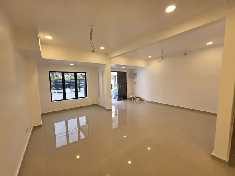 Living features: white painted walls, glossy ceramic tile flooring, recessed downlights, large windows, open layout, neutral color scheme, no visible furniture, smooth ceiling, two ceiling light fixtures; style: modern.
