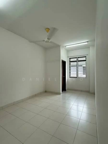 Room features: white painted walls, tile flooring, ceiling fan, LED ceiling lights, window with horizontal blinds, single door, corner of room with no visible furniture.