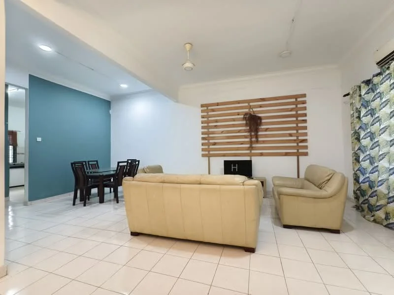 Living features: cream leather sofa, 2-seater leather sofa, 3-seater leather sofa, white tiled flooring, wooden feature wall, ceiling fan, wall-mounted TV, decorative plant on wall, curtains with geometric pattern, dining table with 4 chairs; style: modern.