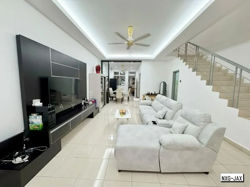 Living features: L-shape sectional sofa in light grey, coffee table, wall-mounted TV, black TV console, white walls, recessed downlights, ceiling fan with light, large windows, tile flooring, decorative wall panel, open layout, staircase in background; style: modern.