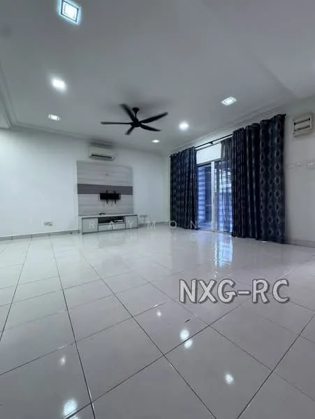 Living features: white painted walls, glossy ceramic tile flooring, 5-blade ceiling fan with light, recessed downlights, wall-mounted TV, sliding glass door, floor-to-ceiling windows with curtains, air conditioning unit; style: modern.